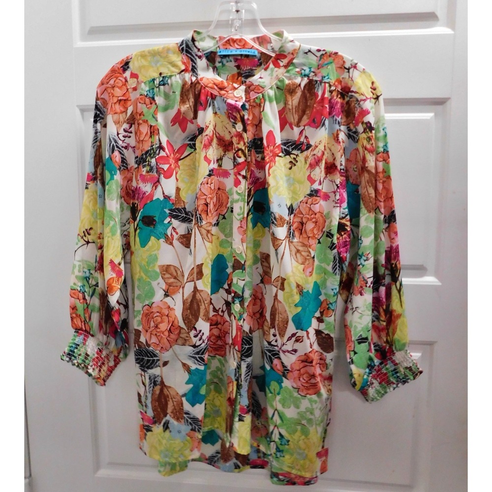 Alice + Olivia Silk Blend Floral Button-Up Blouse sz S